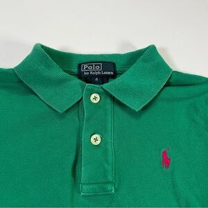 Polo Ralph Lauren Boys Size 4 Green Short Sleeve Polo Shirt Pink Logo